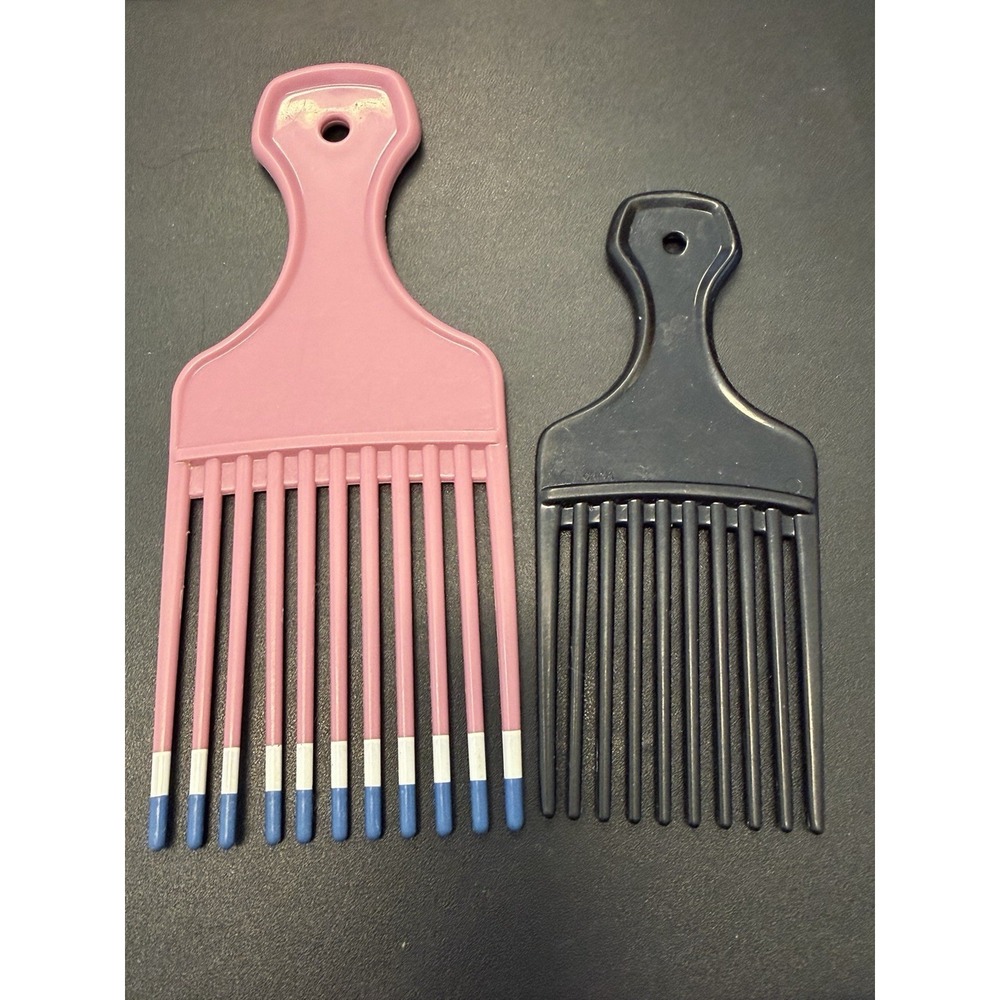 2 Vintage Hair Pick Combs Afro Lift Teasing Styling Pink Black Large Small